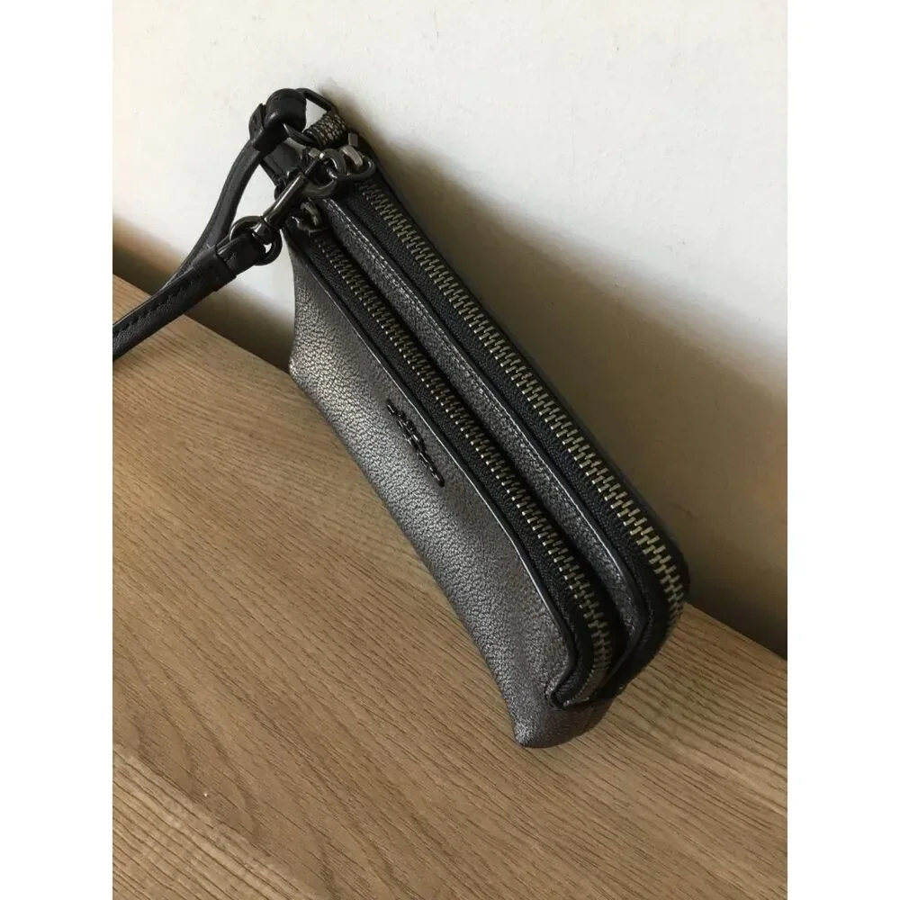 Coach Metallic Black & Gold Pebbled Leather Double Corner Zip Wristlet